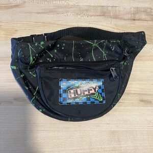 Huffy Fanny Pack Black with Green Paint Splatter &Blue Checker Logo Vintage 90s
